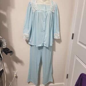Vintage Nancy King Lace Trim Satin Lingerie  Pajama Top & Pants Set Sz L Blue